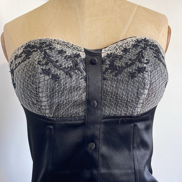 Y2K Lace Bustier Top Medium Black Button Satin Corset Boning CottonExpress - Picture 12 of 14